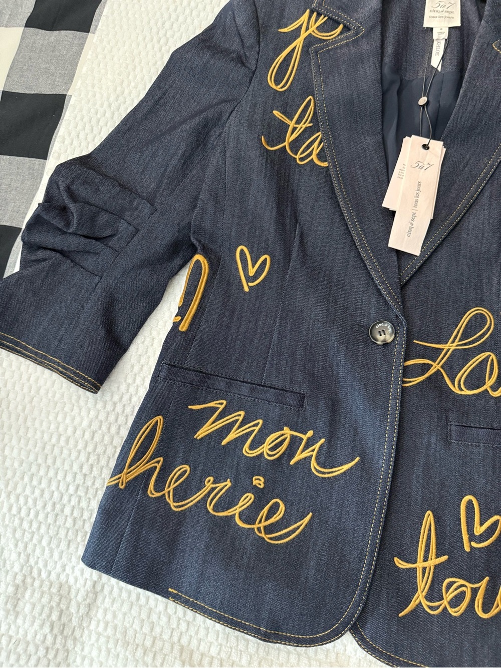 cinq a sept Navy Denim Blazer with Gold Script Embroidery - Picture 3 of 6